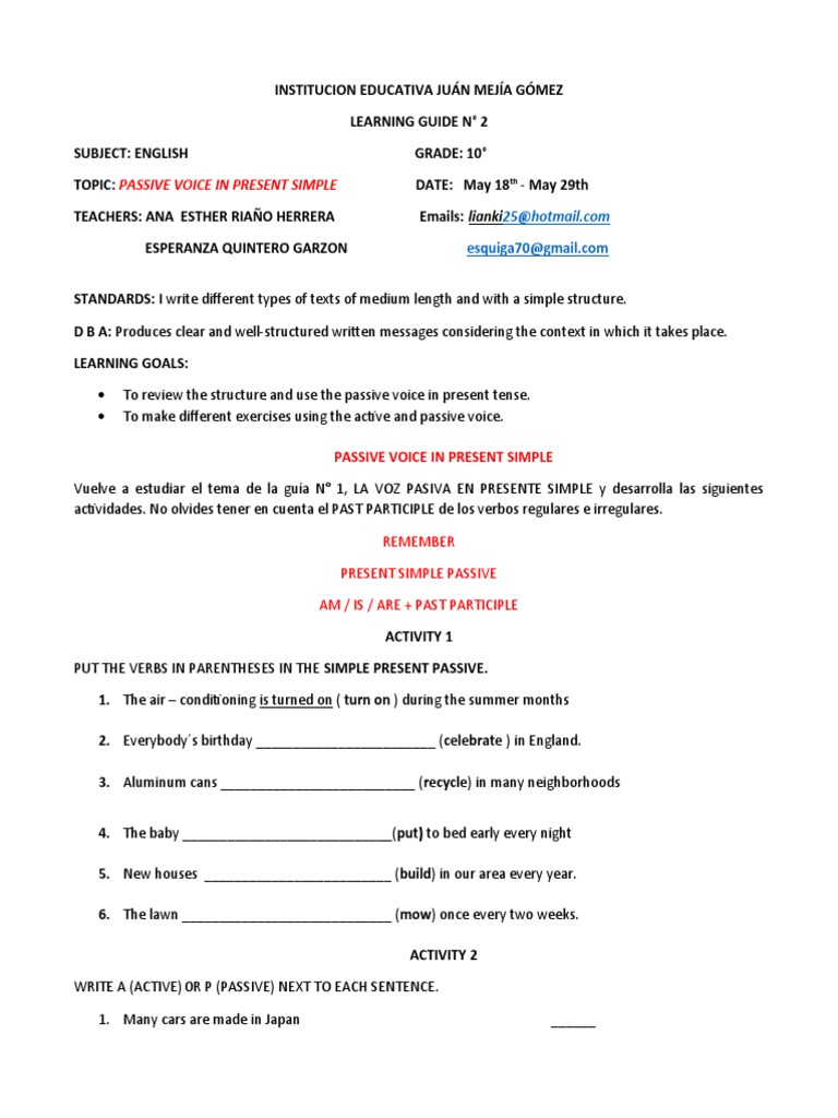 Passive Voice Learning Guide for Grade 10 | PDF | Grammar | Linguistics
