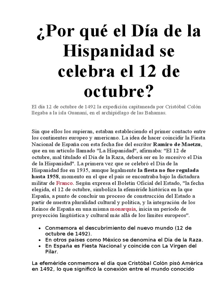 ¿Por Qué El Día de La Hispanidad Se Celebra El 12 de Octubre | PDF ...