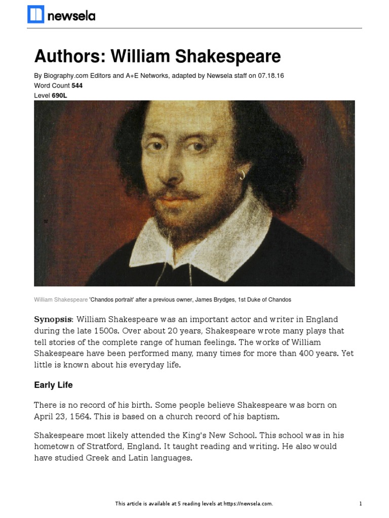 Authors William Shakespeare Word Count 544 Level 690L Download Free