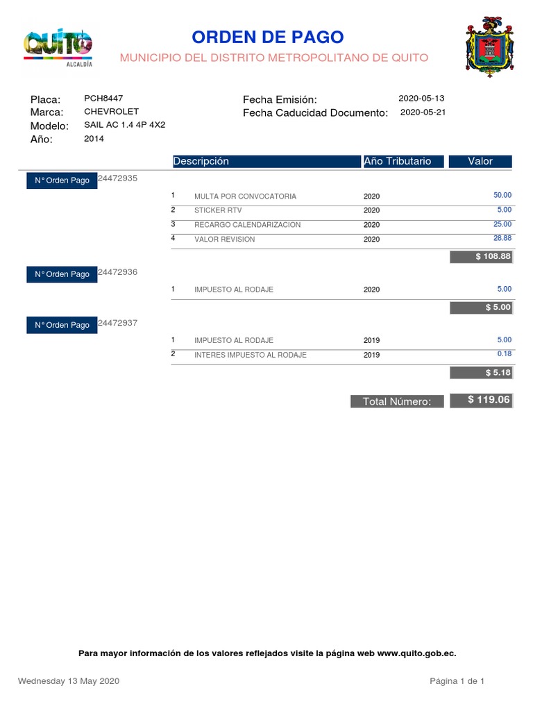 Orden de Pago Municipio de Quito 2020 | PDF | Negocios | Finanzas y dinero