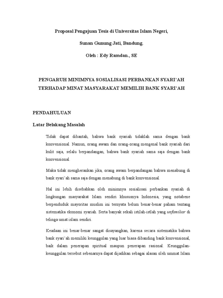 Proposal Tesis Minimnya Sosialisasi Perbankan Syari Ah Di Lingkungan Masyarakat Islam