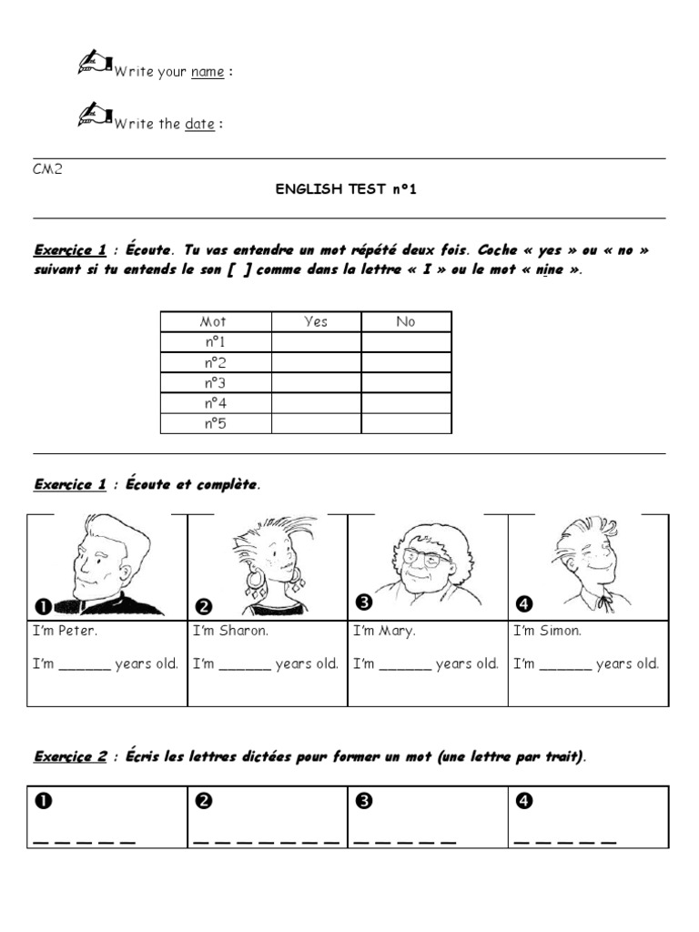 évaluation Anglais Cm2 à Imprimer
