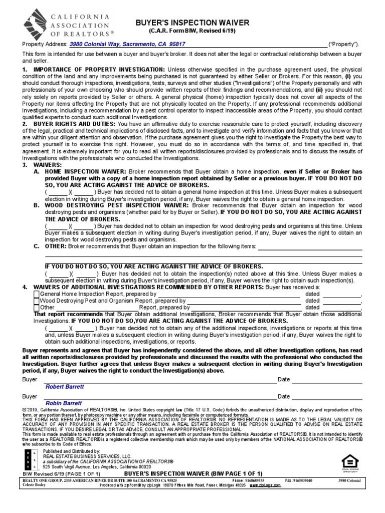 Buyer'S Inspection Waiver: 3980 Colonial Way, Sacramento, CA 95817 ...