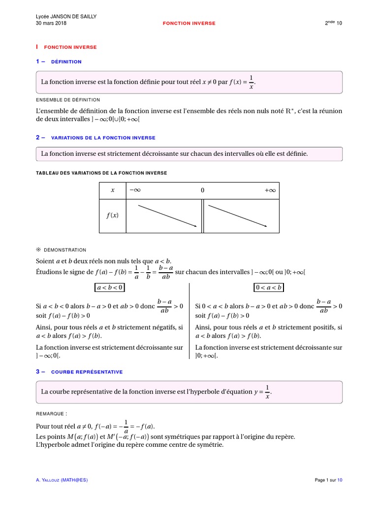 2017 2018 Seconde Fonction Inverse | PDF | Fonction (Mathématiques ...