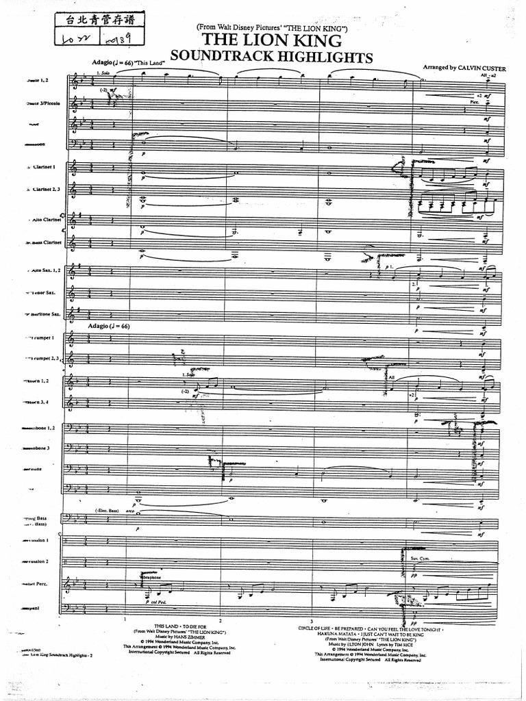 The Lion King Soundtrack Highlights Arr. Calvin Custer PDF