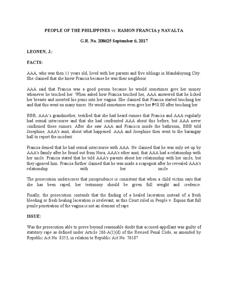 Statutory Rape Case: People vs. Francia | PDF | Rape | Burden Of Proof ...