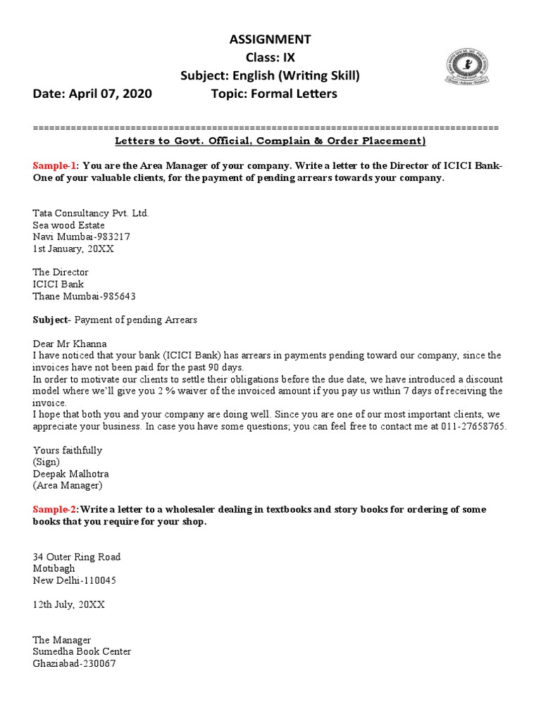 Formal Letter Assignment (April, 08) | Business