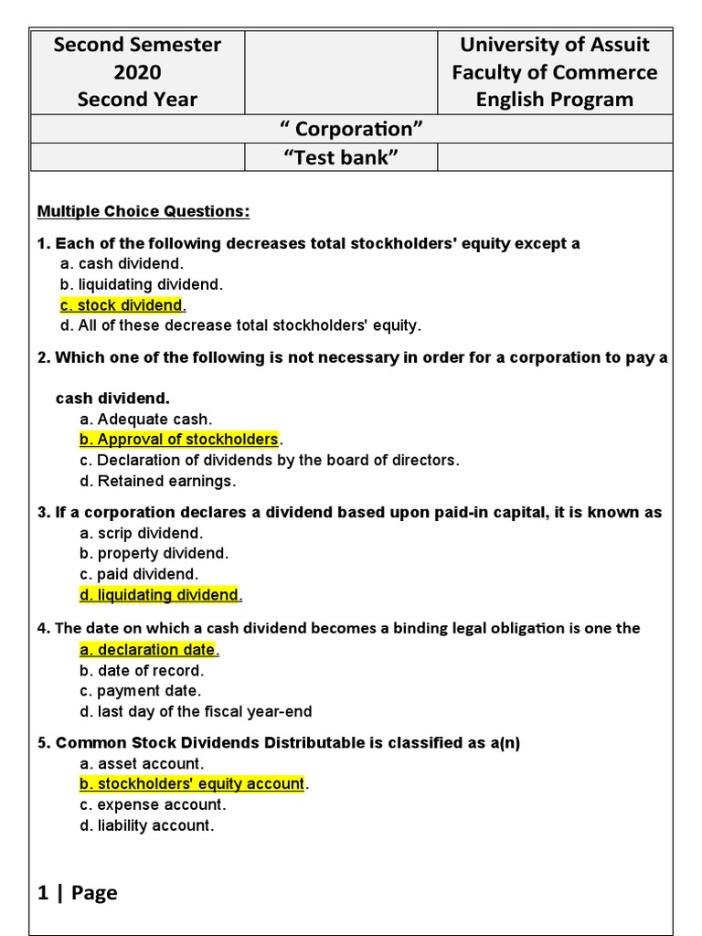 Corporation Test Bank Multiple Choice Questions on Dividends, Stocks, Bonds, and Corporate Form