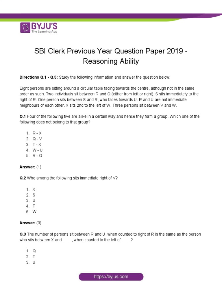 SBI Clerk Previous Year Question Paper 2019 - Reasoning Ability | PDF ...