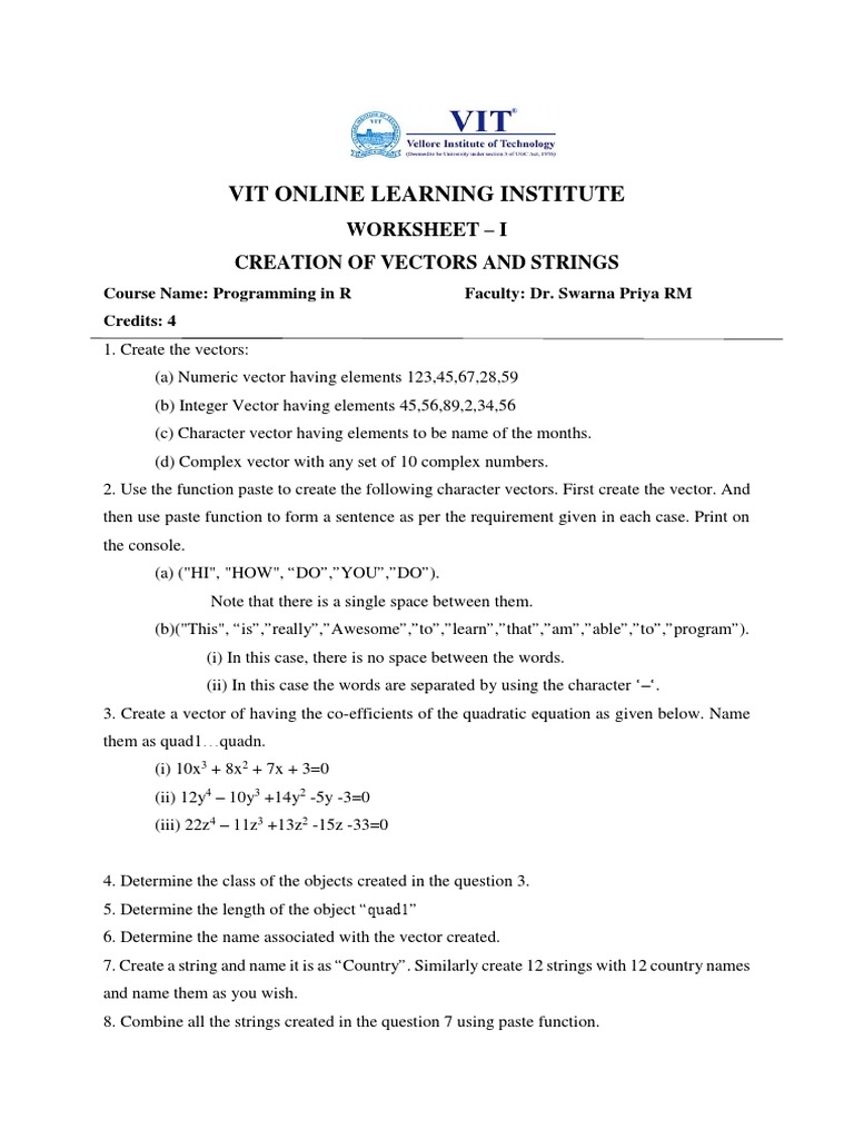 R Programming: Vectors and Strings Worksheet | PDF