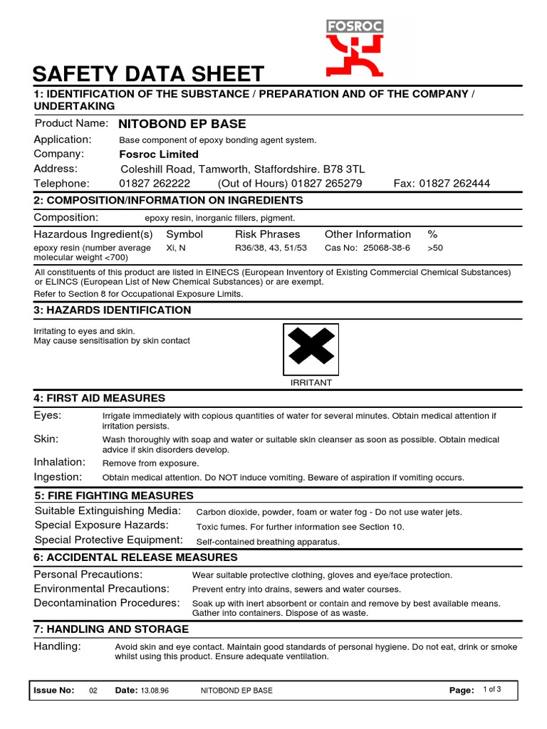 Safety Data Sheet for NITOBOND EP BASE Epoxy Resin PDF Safety