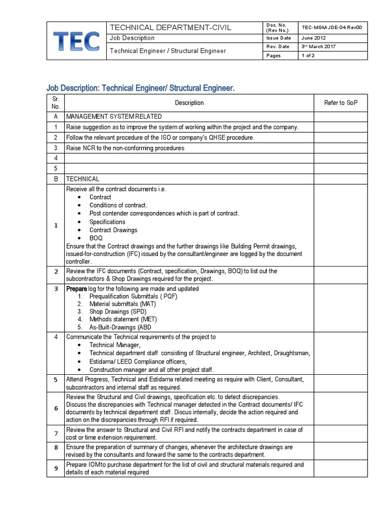 Job Description: Technical Engineer/ Structural Engineer | PDF ...