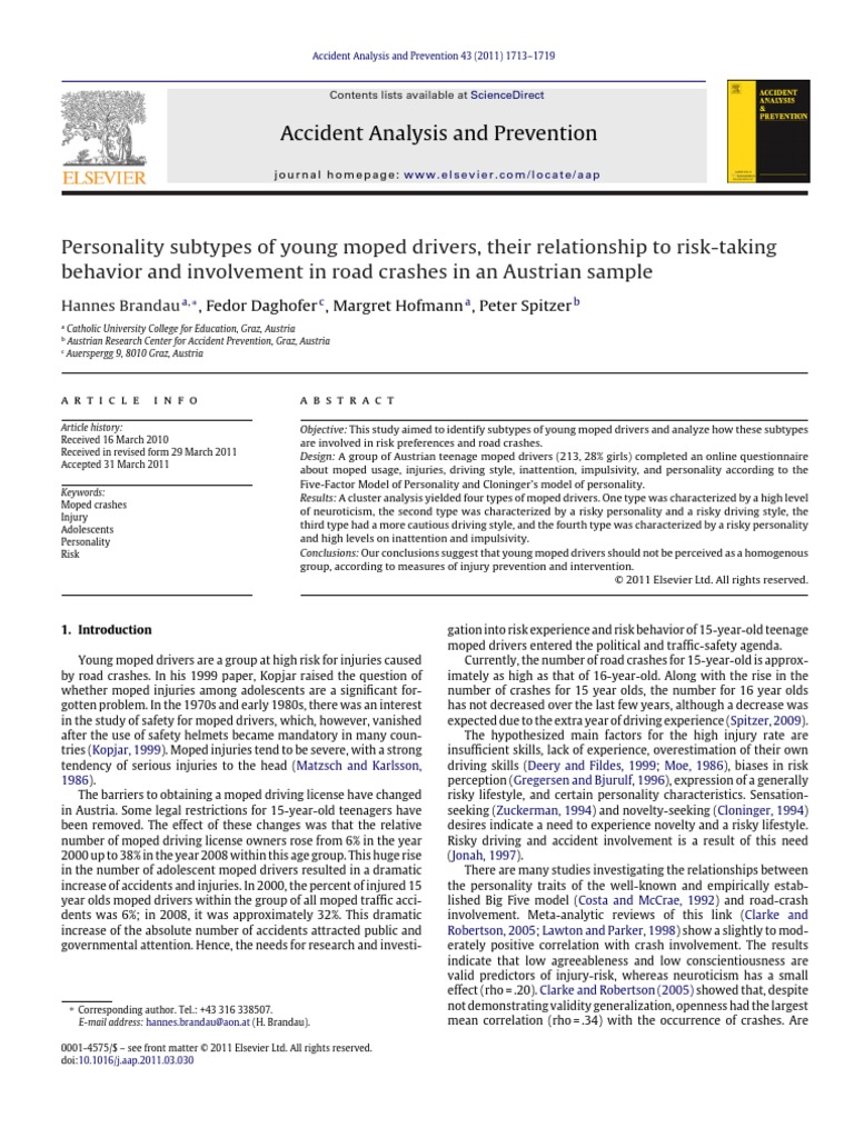 Personality Subtypes of Young Moped Drivers, Their Relationship To Risk ...