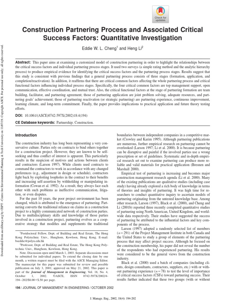 Construction Partnering Process and Associated Critical Success Factors ...