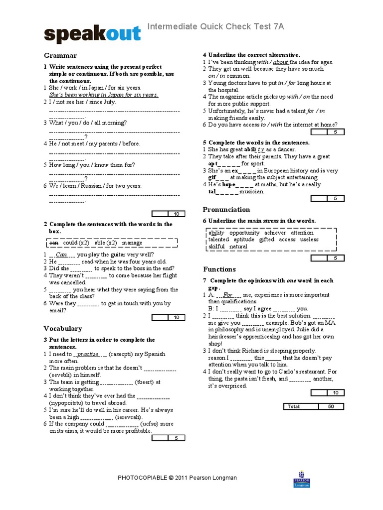 Intermediate Quick Check Test 7A: Grammar | PDF | Behavior Modification ...