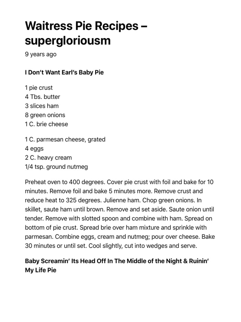 Waitress Pie Recipes PDF Cakes Butter