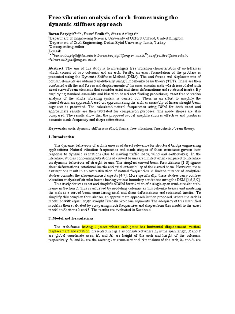 Free Vibration Analysis of Arch-Frames Using The Dynamic Stiffness ...