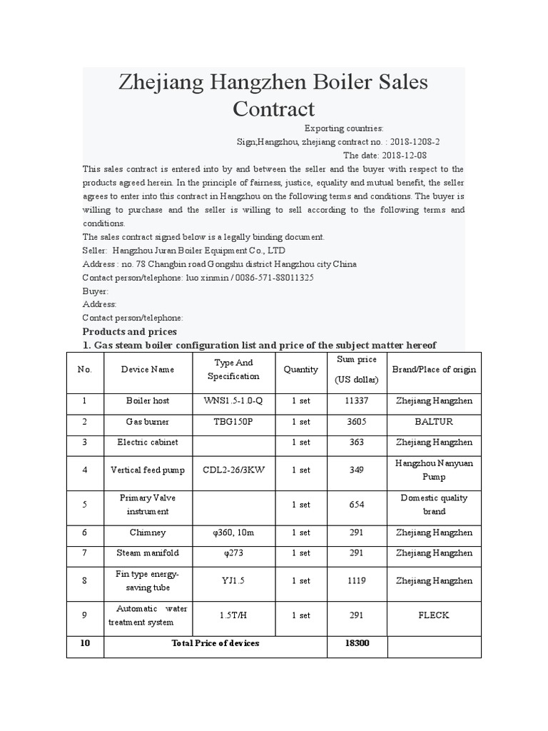 Zhejiang Hangzhen Boiler Sales Contract | PDF | Payments | Prices
