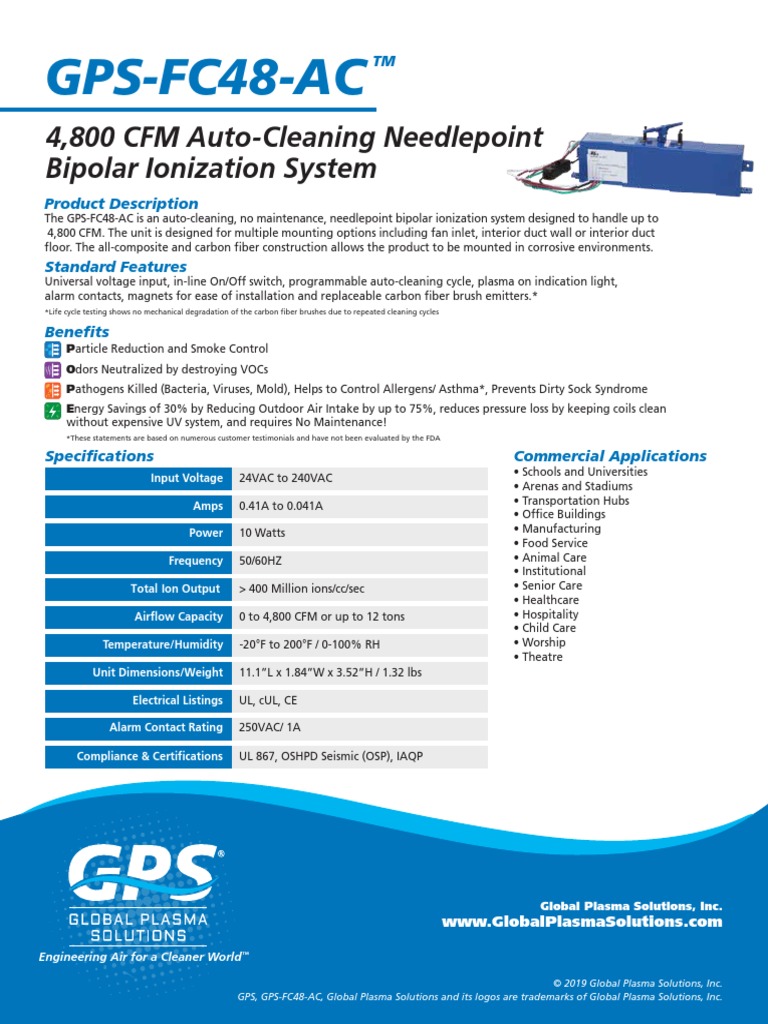GPSFC48AC 4,800 CFM AutoCleaning Needlepoint Bipolar Ionization