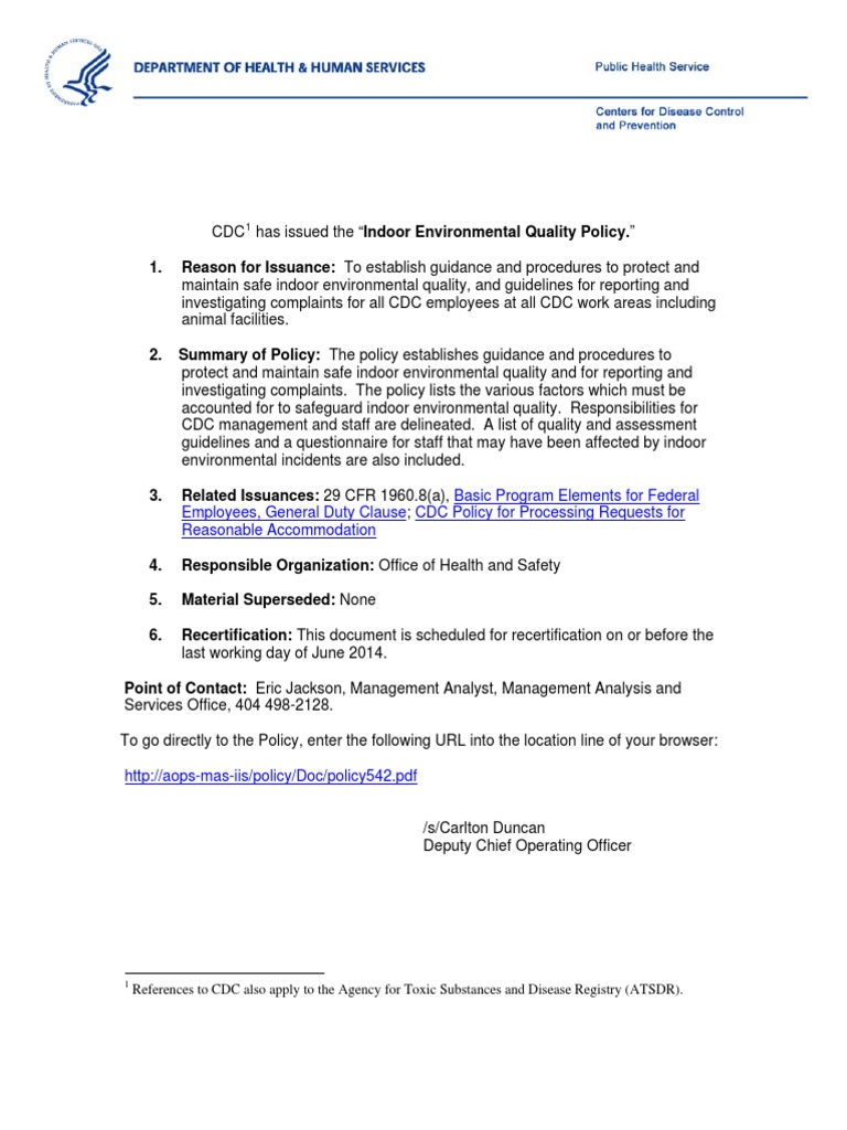 CDC Indoor Air Quality Policy [USA] 2009 Occupational Safety And