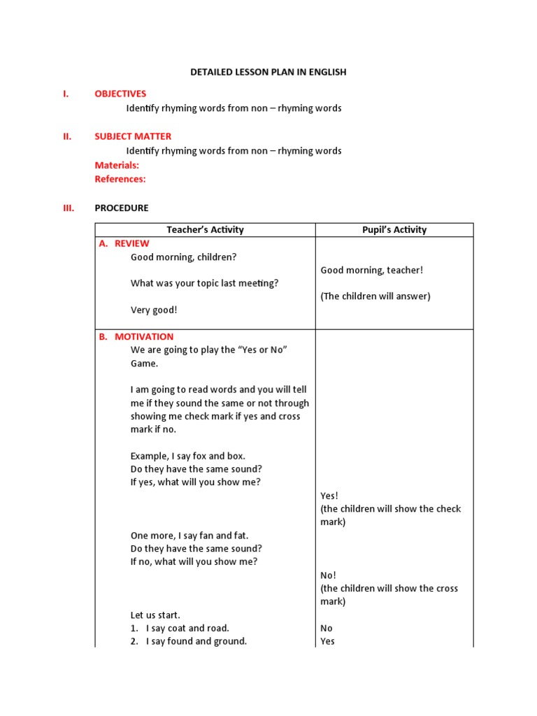 Grade 1 Rhyming Words Lesson Plan | PDF | Lesson Plan