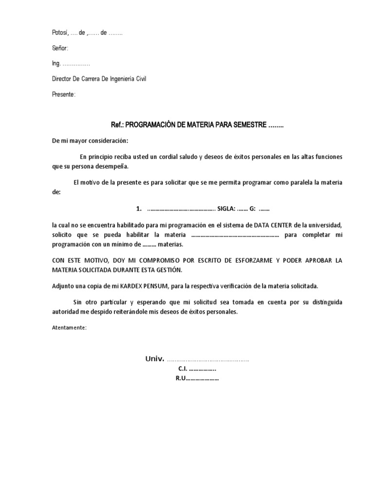 Carta Solicitud Para Programacion De Materia