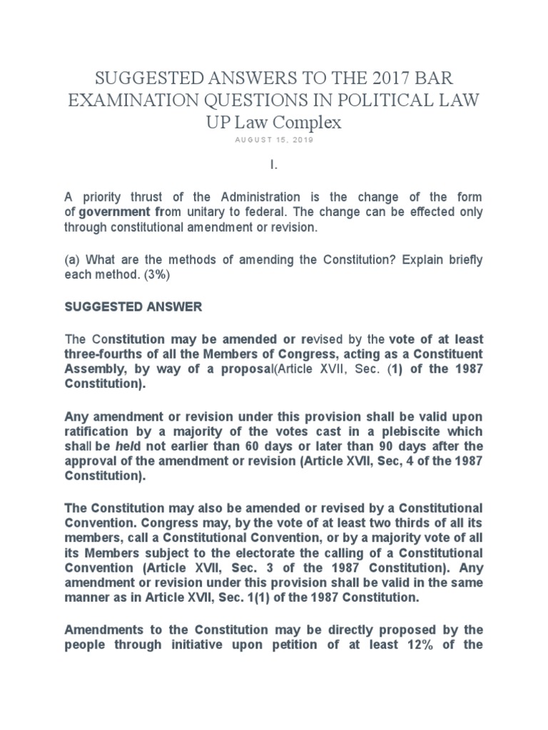 Suggested Answers To The 2017 Bar Examination Questions in Political