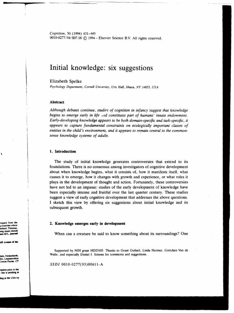 Initial Knowledge Six Suggestions Spelke 94 PDF | PDF