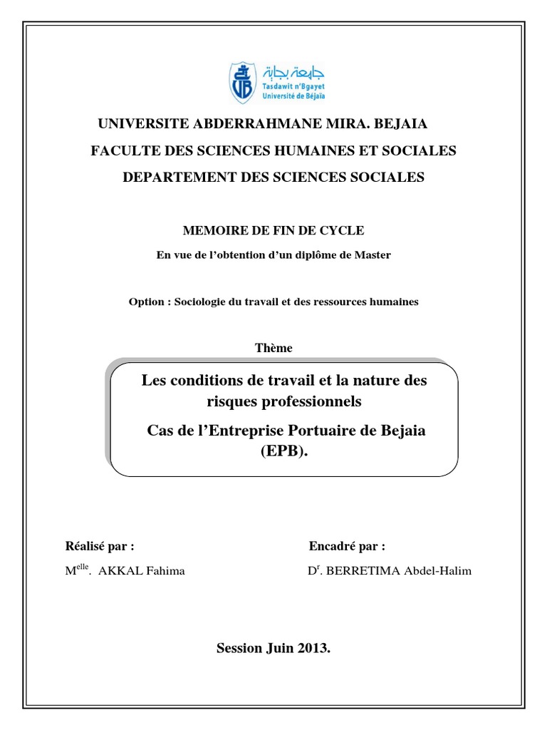 Les Conditions De Travail Et La Nature Des Risques Professionnels Cas De L Entreprise Portuaire De Bejaia Epb Pdf Sante Et Securite Au Travail Risque