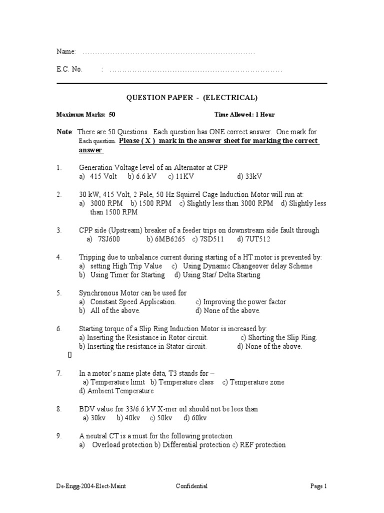 Questionnaire Electrical TOC PDF Electric Motor Transformer