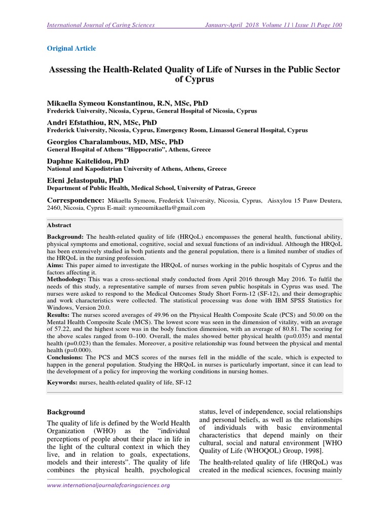 Assessing The Health-Related Quality of Life of Nurses in The Public ...