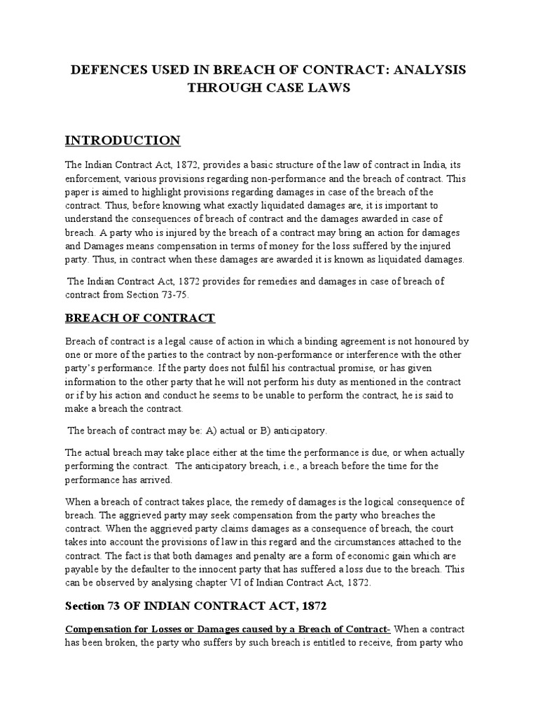 Defences in Indian Contract Breaches | PDF | Damages | Breach Of Contract