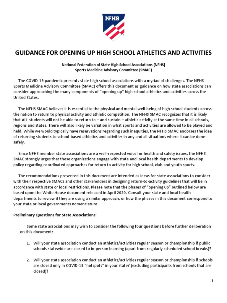 Guidance for Resuming High School Sports | PDF | Hygiene | Weight Training