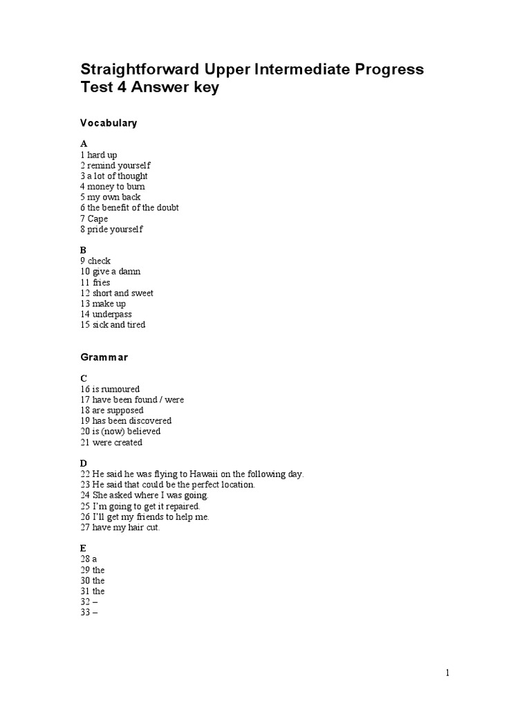 Straightforward Upper Intermediate Progress Test 4 Answer Key | PDF