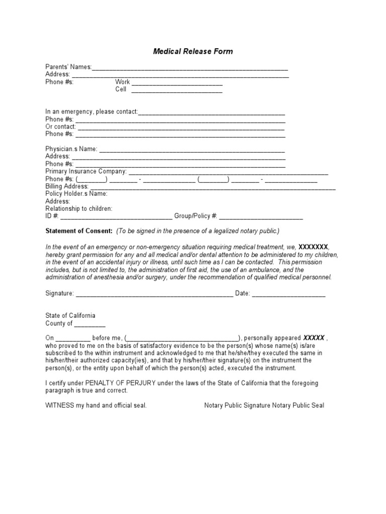 Medical Release Form | PDF | Clinical Medicine | Notary Public