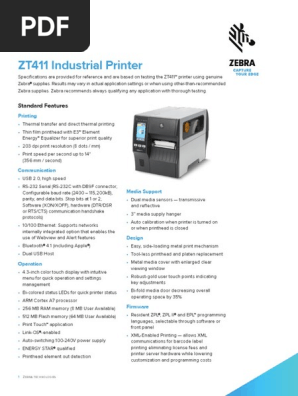 Zebra ZT411 Datasheet - Controles Empresariales | PDF | Printer (Computing)  | Computer Data