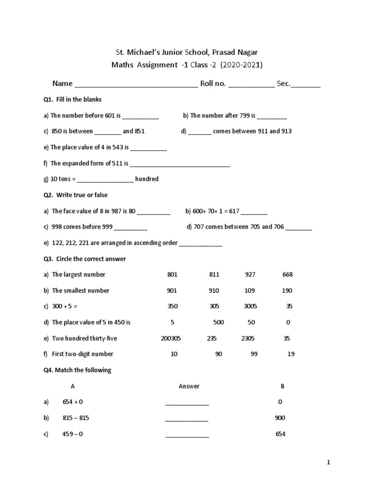Class 2 Maths Assignment 2020-21 | PDF | Teaching Mathematics