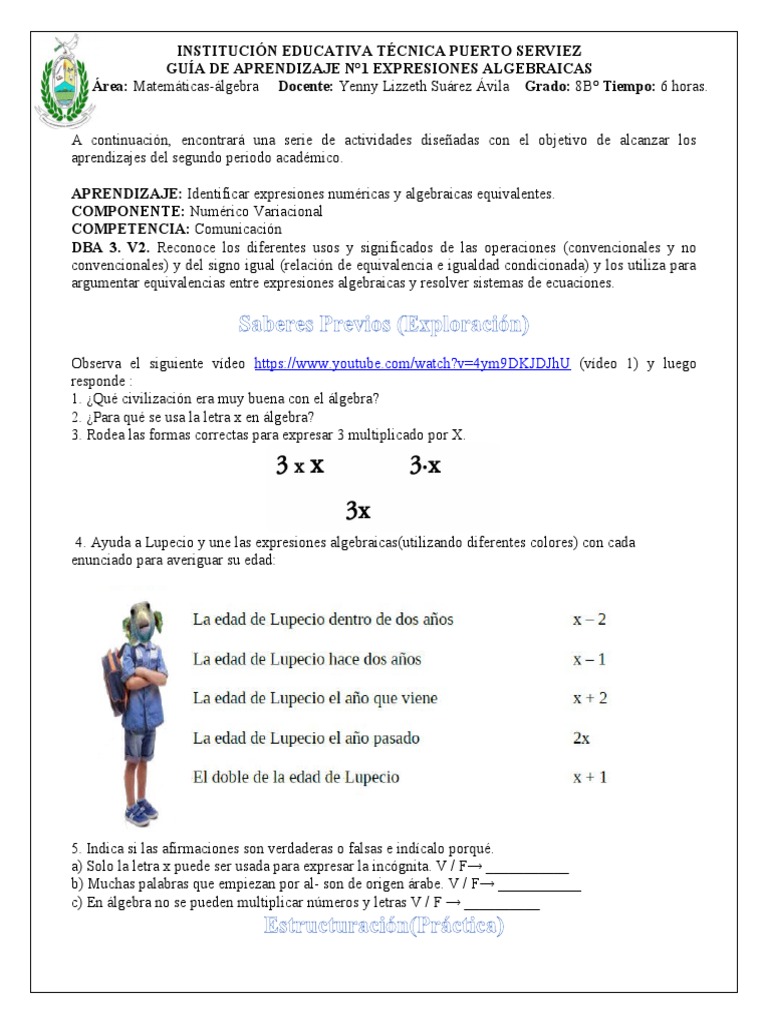 Actividades de Expresiones Algebraicas 8B | PDF