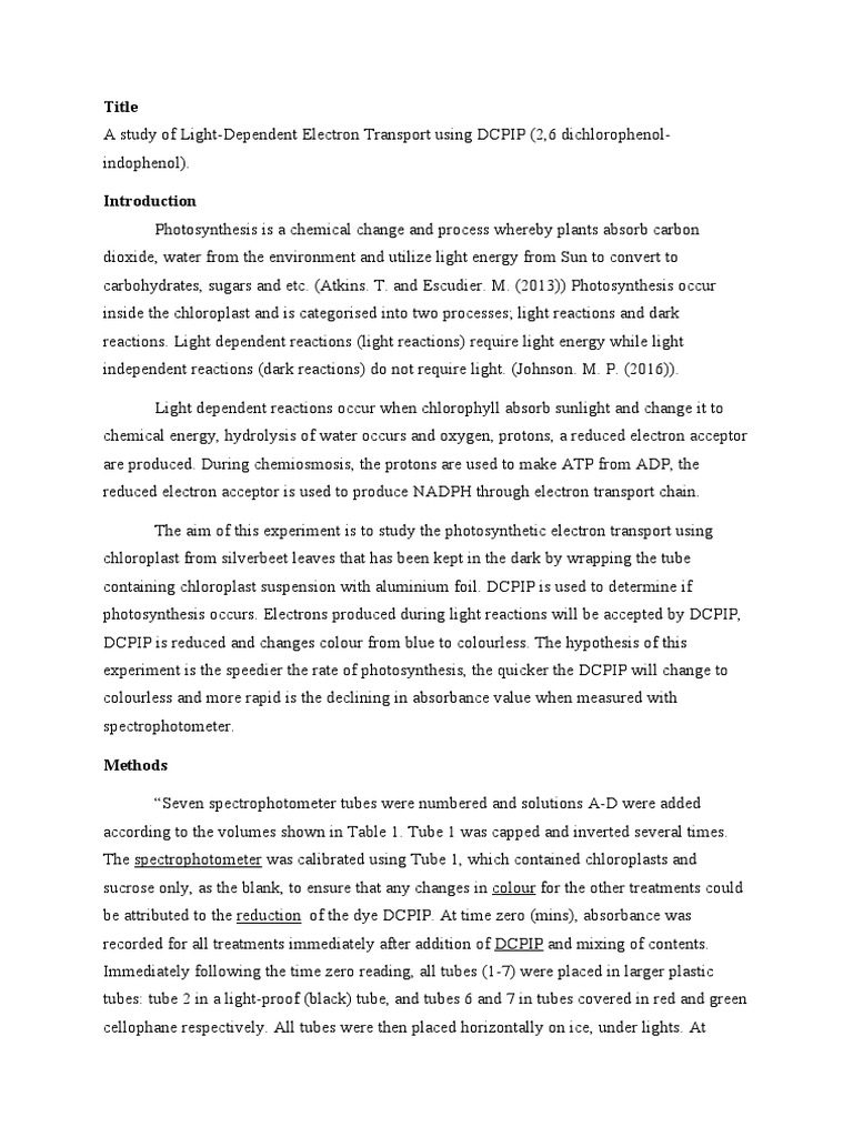 DCPIP Color Change in Photosynthesis Experiment | PDF | Chlorophyll ...
