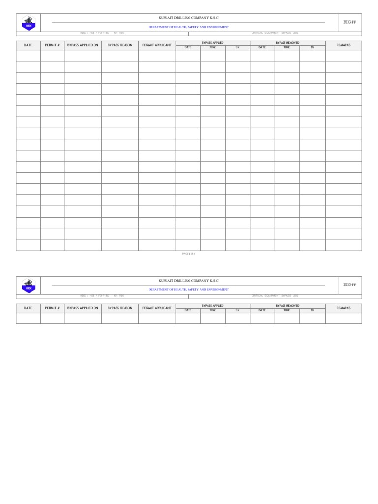 Critical Equipment Bypass Log Template | PDF