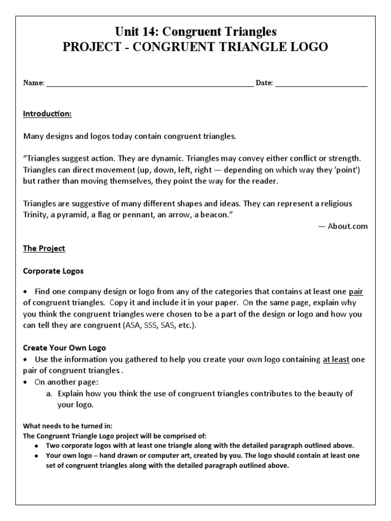 Unit 14 Congruent Triangles Project Congruent Triangle Logo PDF