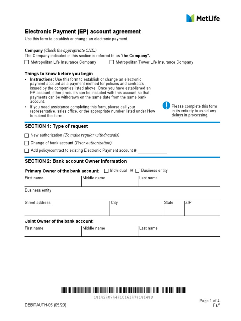 MetLife Electronic Payment Form | PDF | Cashier's Check | Banks