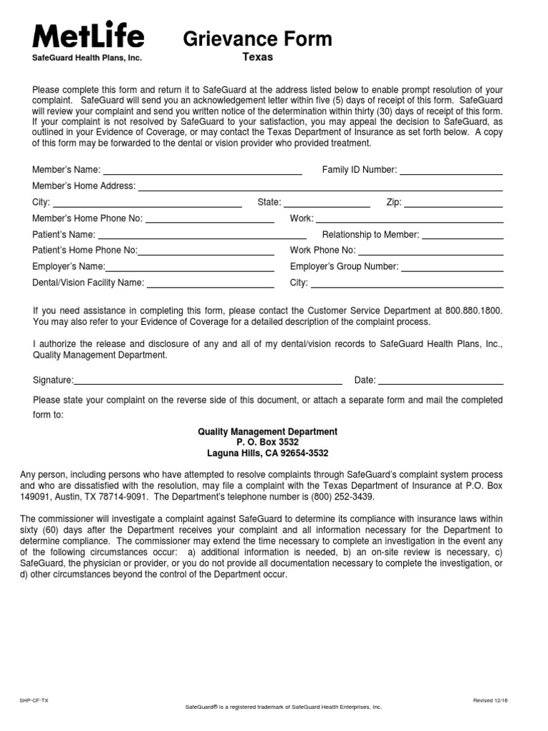 TX Dental Vision Grievance Form PDF Complaint Written Communication