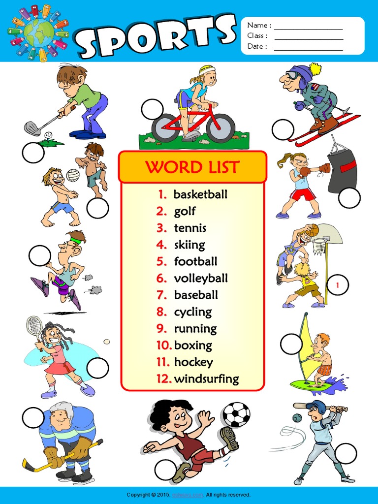 Sports Esl Vocabulary Number The Pictures Worksheet For Kids | Pdf