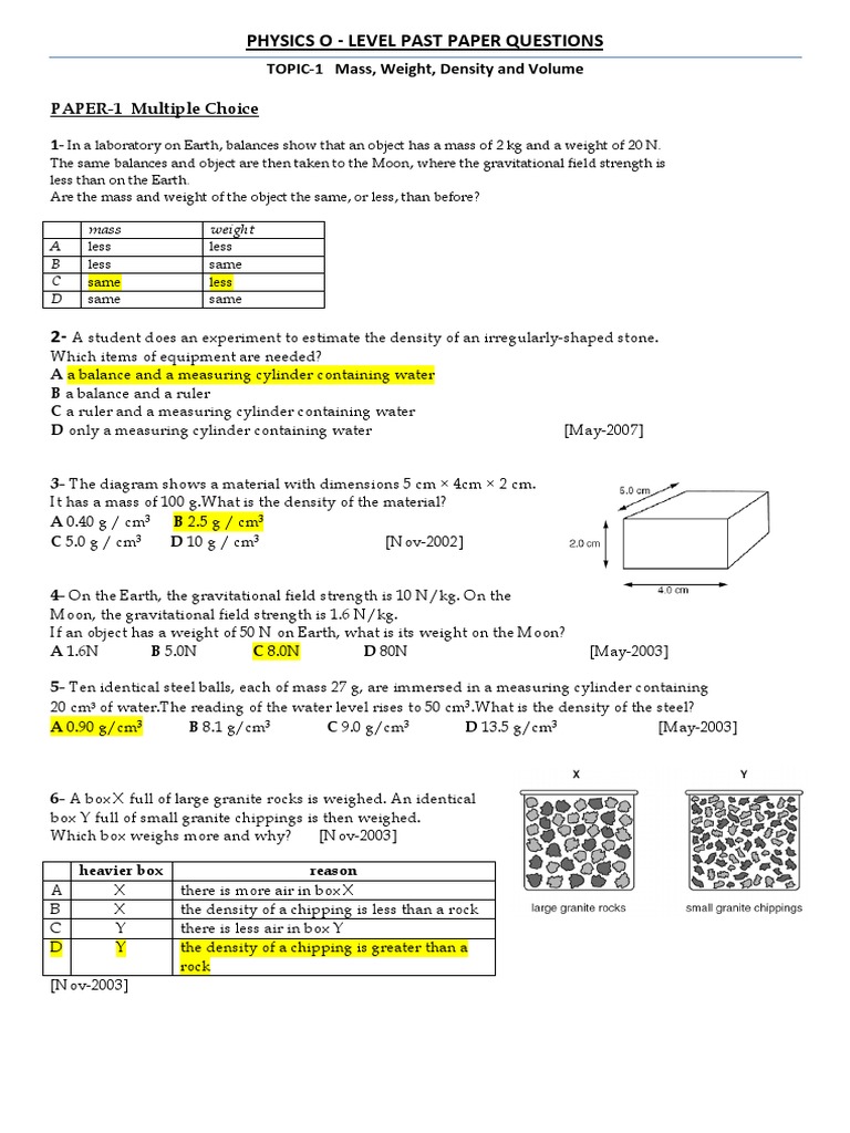 Mass, Weight, Density Exam Questions | PDF | Density | Weight