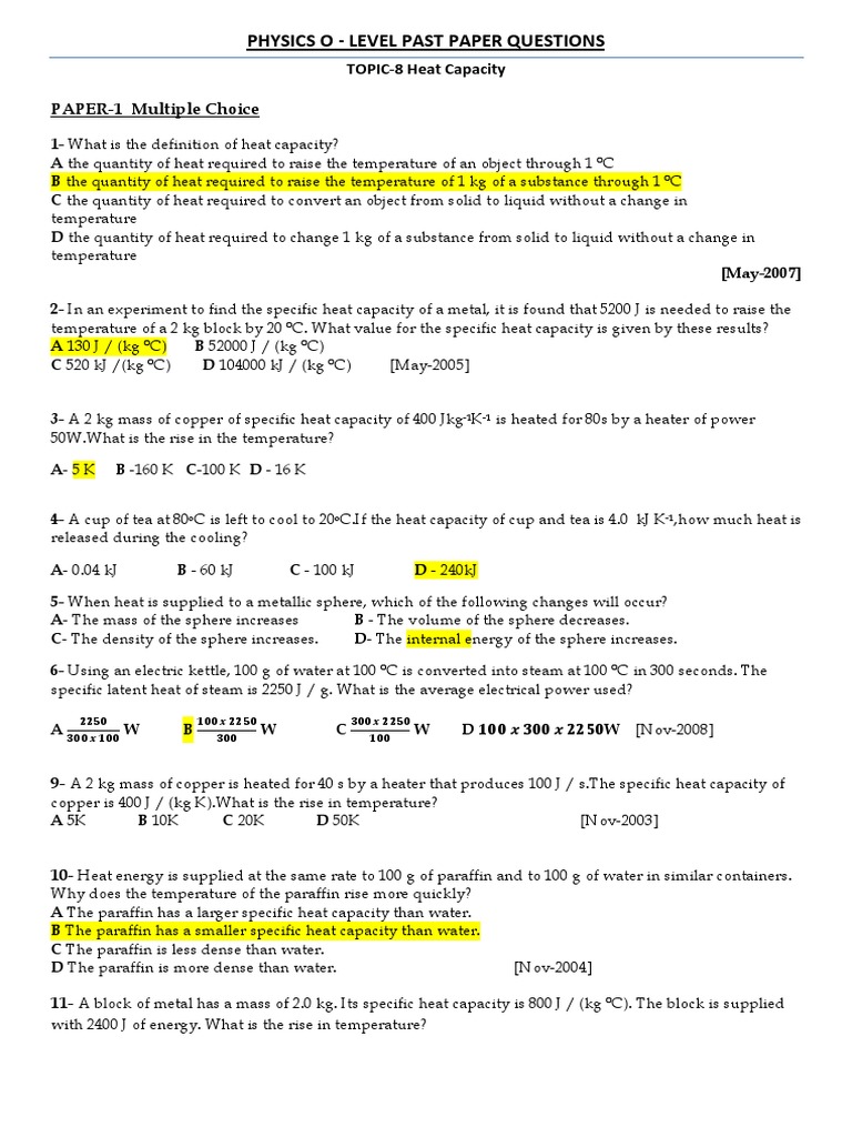 Level Past Paper Questions Hysics O P TOPIC8 Heat Capacity PAPER1 Multiple Choice PDF
