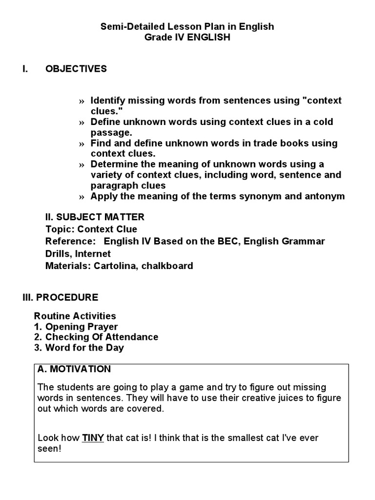 Grade 4 English Lesson on Context Clues | PDF | Lesson Plan | Cognitive ...