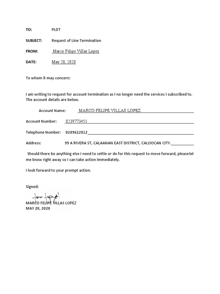 PLDT Account Termination Request MARCO LOPEZ PDF