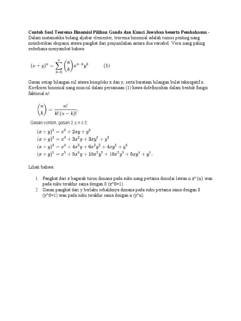 Contoh Soal Teorema Binomial Pilihan Ganda Dan Kunci Jawaban Beserta Pembahasan Pdf