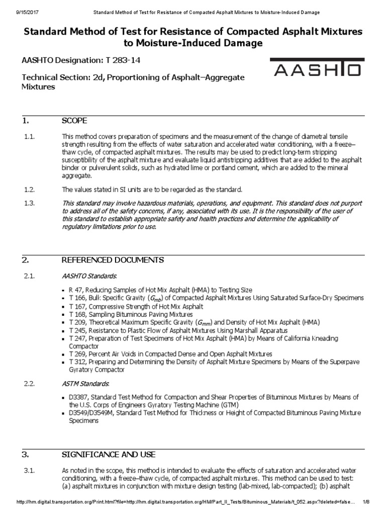 Standard Method of Test For Resistance of Compacted Asphalt Mixtures To ...
